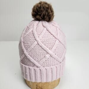 Pink Cable Knit Cuffed Ski Cap w/ Removeable Brown Snap Pom-Pom Beanie OSFM
